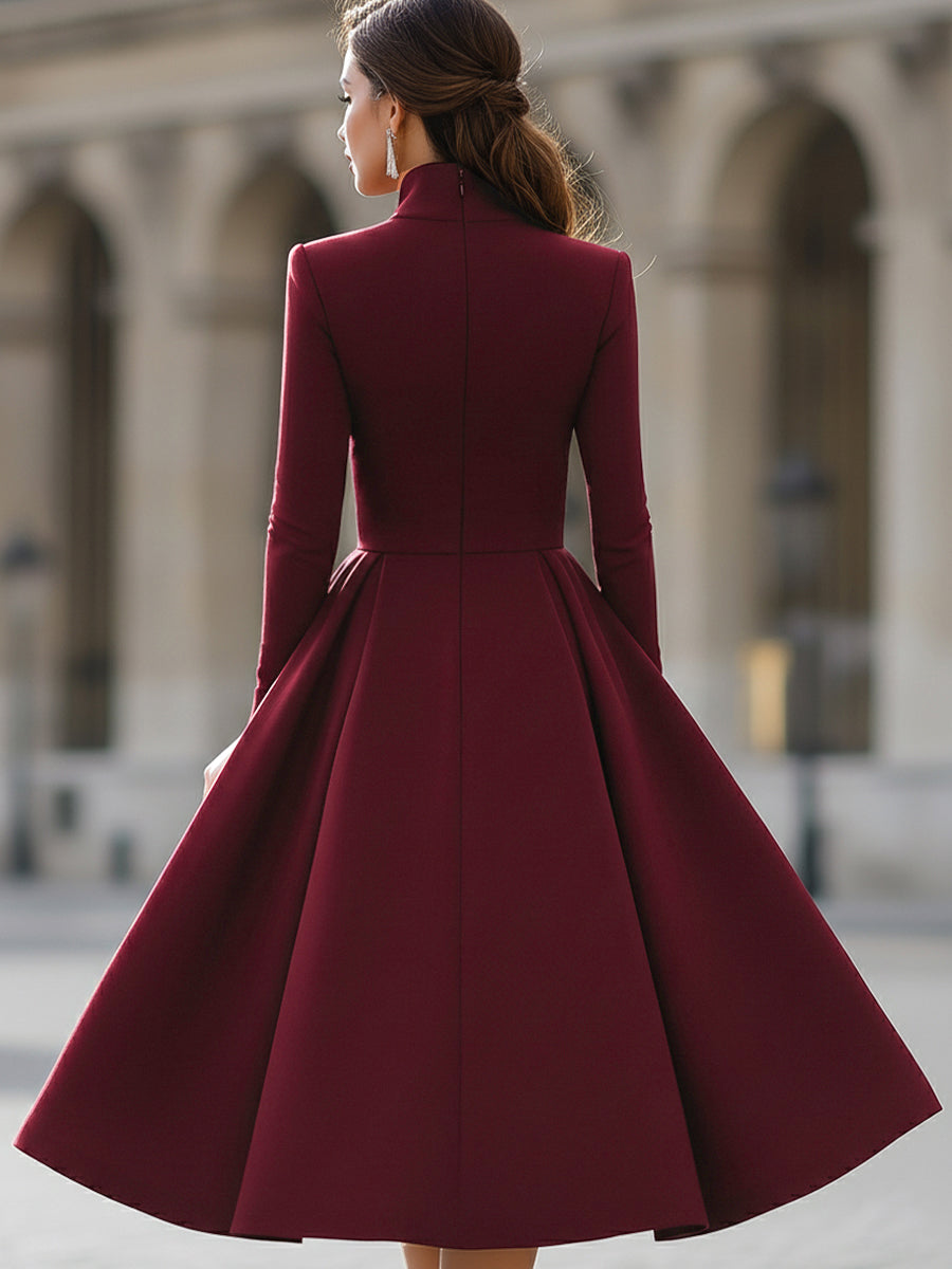 Burgundy V-Neck Full-Skirt Midi Dress XYS