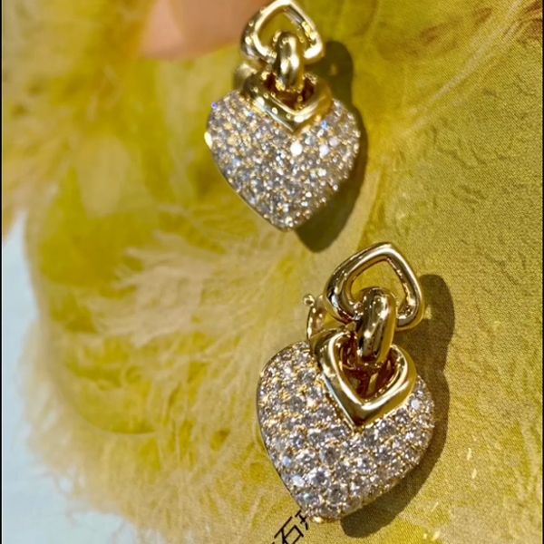 Vintage Golden Tone Heart Design Sterling Silver Dangle Earrings Shineofdiamond