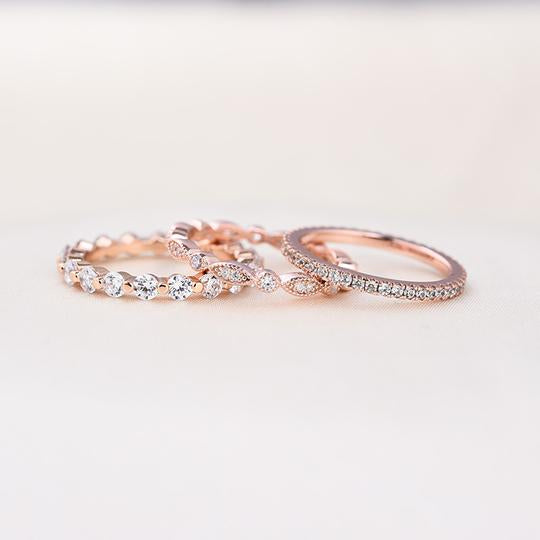 Art Deco Rose Golden Tone 3-Pieces Stackable Wedding Band Set Shineofdiamond