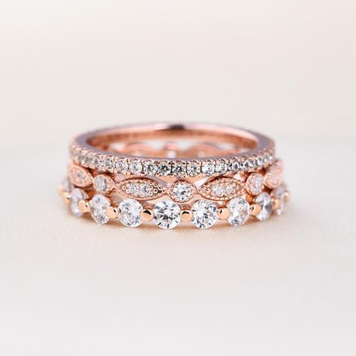 Art Deco Rose Golden Tone 3-Pieces Stackable Wedding Band Set Shineofdiamond