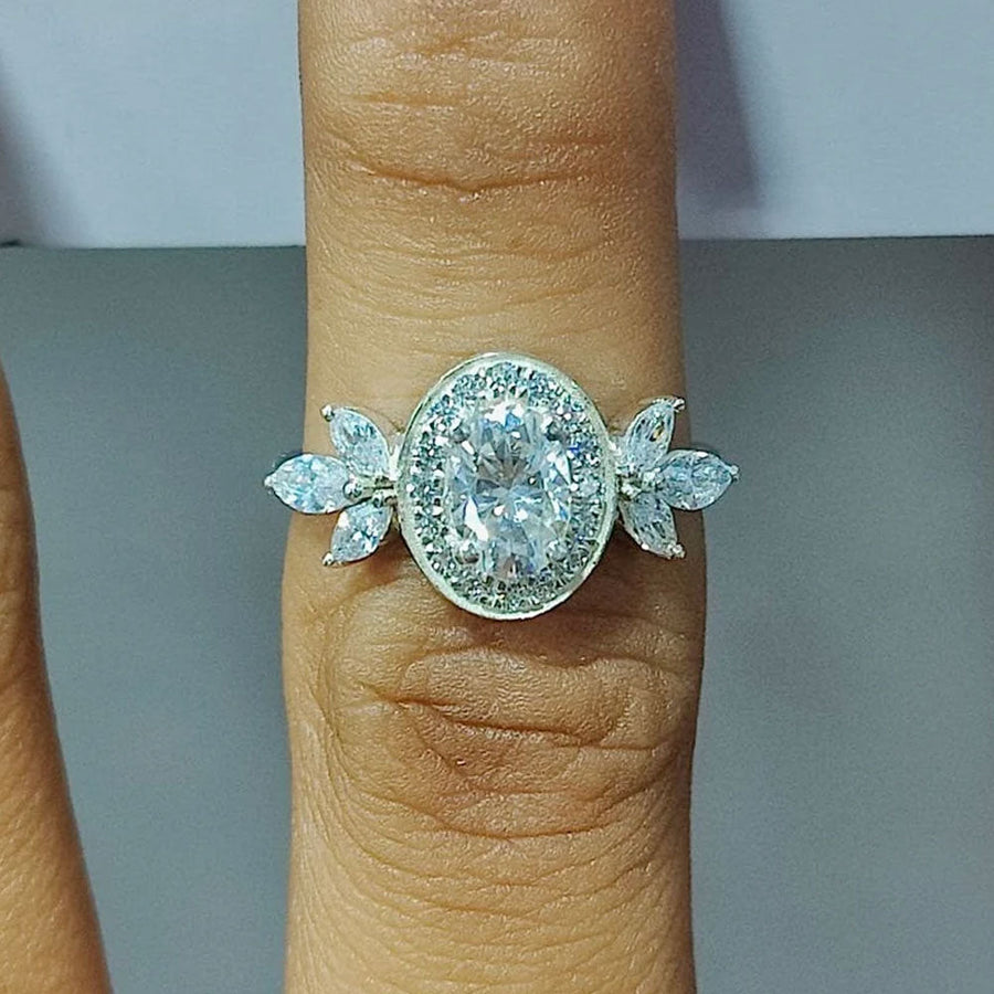 Crown Design Oval Cut Cluster Sterling Silver Bridal Ring Set hot