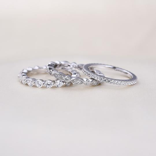 Art Deco Sliver Tone 3-Pieces Stackable Wedding Band Set Shineofdiamond