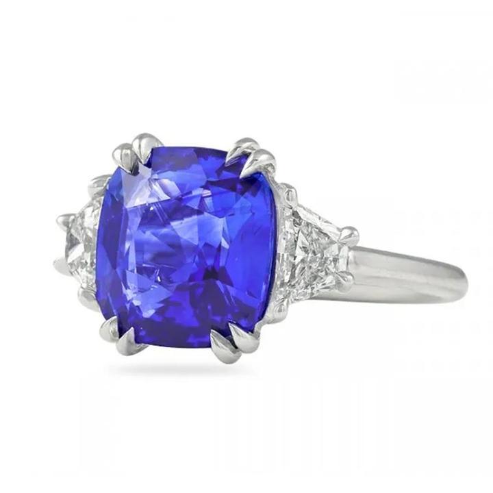 Cushion Cut Sapphire Blue Three-Stone Engagement Ring Shineofidamond