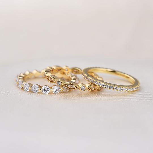 3Pcs Art Deco Golden Tone 3-Pieces Stackable Wedding Band Set Shineofdiamond