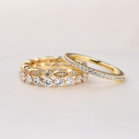 3Pcs Art Deco Golden Tone 3-Pieces Stackable Wedding Band Set Shineofdiamond