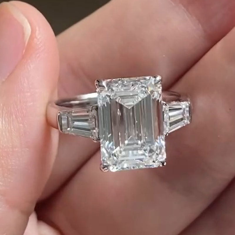 Classic Three Stone Emerald Cut Sterling Silver Engagement Ring Shine of Diamond
