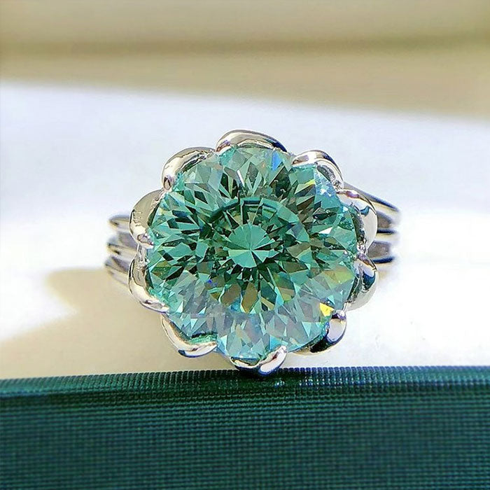 Unique Design Round Cut Green Moissanite Sterling Silver Engagement Ring Shineofdiamond
