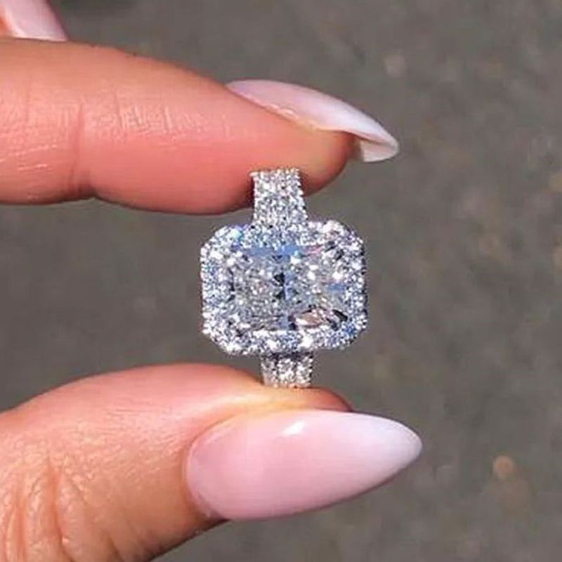 Halo Radiant Cut Split Shank Engagement Ring In Sterling Silver shineofdiamond