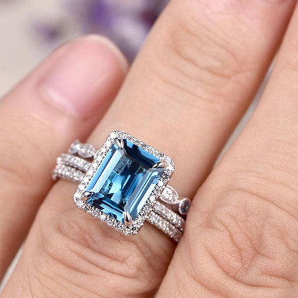 Aquamarine 3-Piece Halo Emerald Cut Sterling Silver Bridal Sets hot