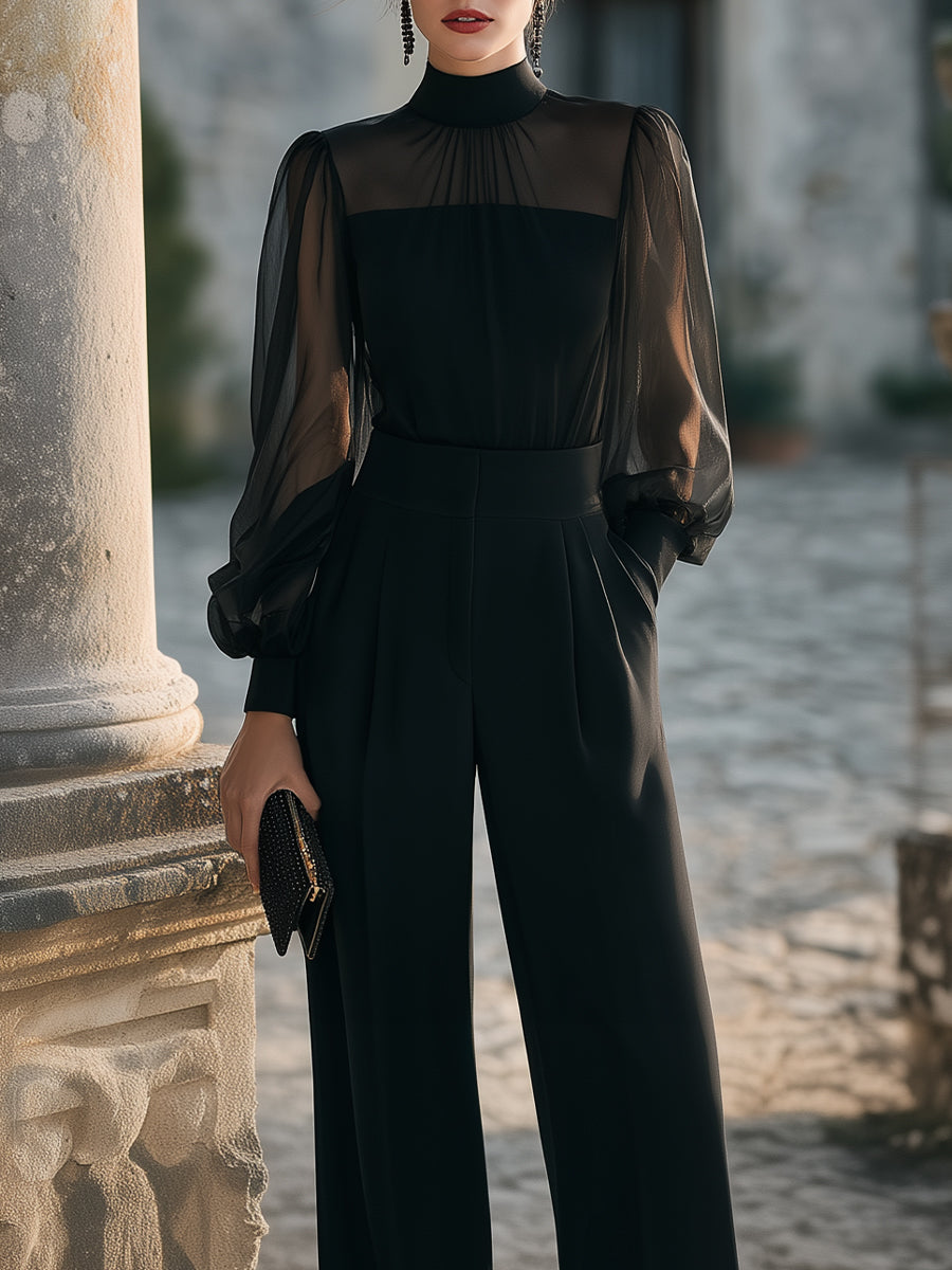 Sheer Lantern Sleeve High-Neck Wide-Leg Jumpsuit XYS