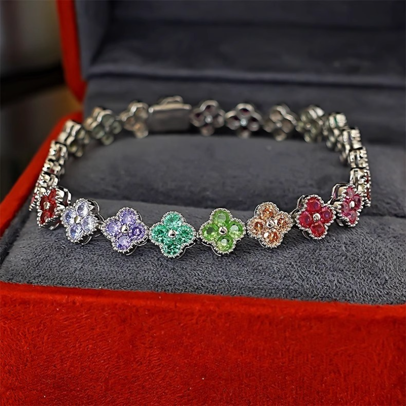 Clovers Design Multicolor Gemstone Bracelet in Sterling Silver Shine of Diamond