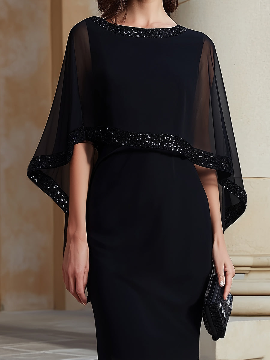 Mbellished Cape-Sleeve Sheath Dress XYS