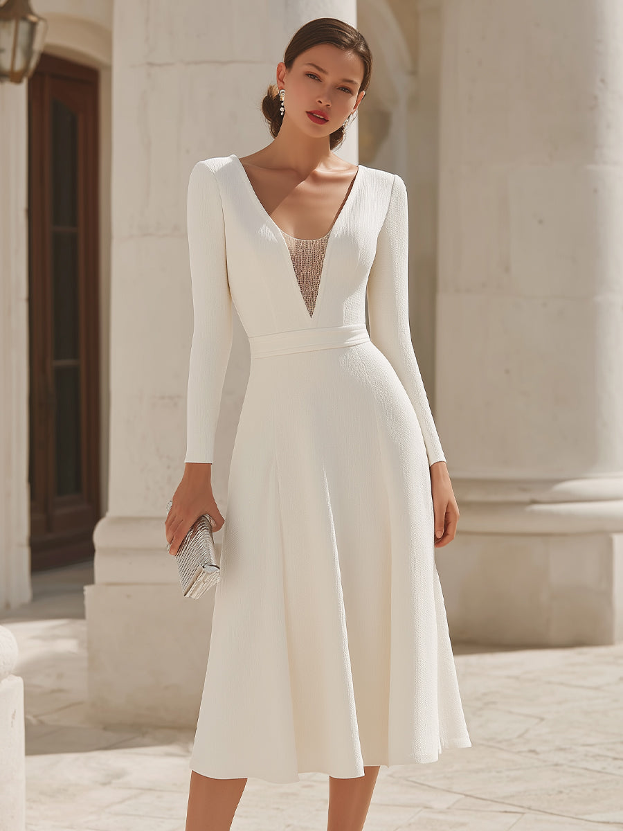Long Sleeve Deep V Midi Dress With Sheer Panel XYS