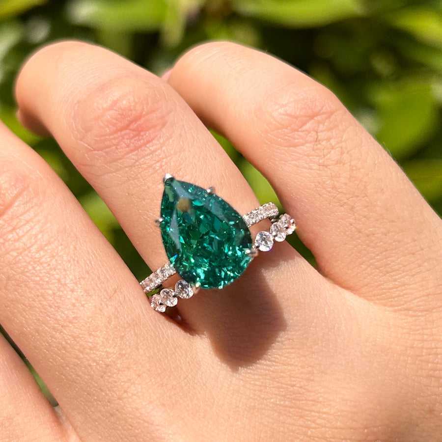 Sparkling Emerald Green Pear Cut Sterling Silver Bridal Set Carly Jewelry