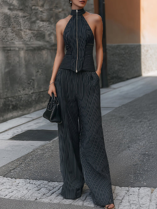 Pinstripe Halter-Neck Zip-Up Top & Wide-Leg Pants Set HWT