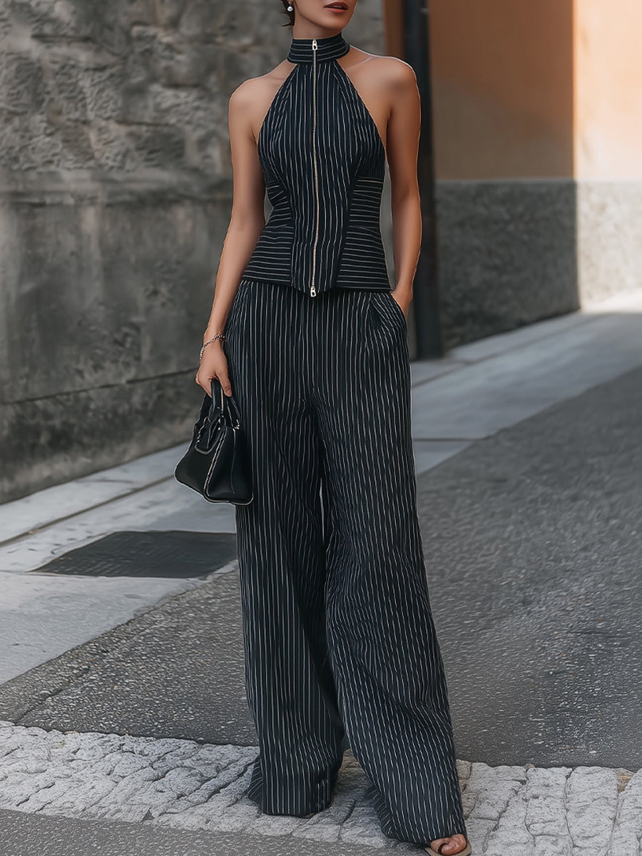 Pinstripe Halter-Neck Zip-Up Top & Wide-Leg Pants Set HWT