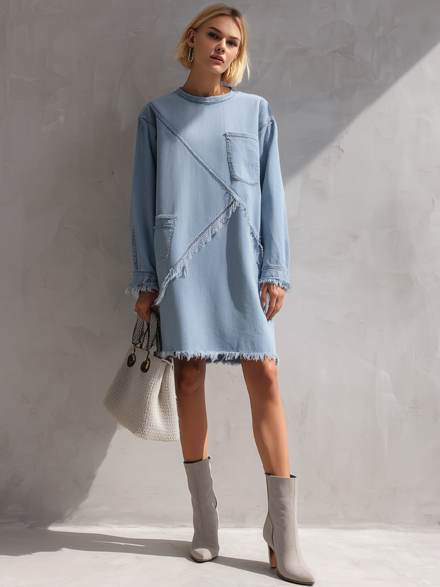 Light Blue Raw-Edge Denim Mini Dress ZJ