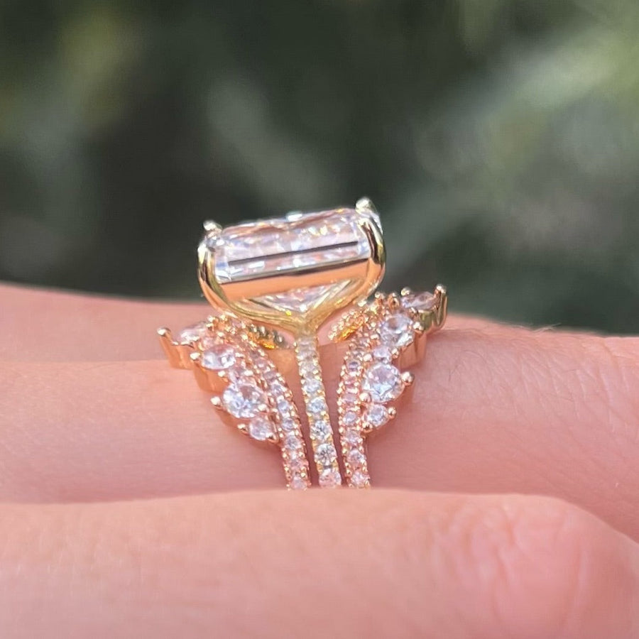 2 Pcs Radiant Cut Insert Wedding Ring Set With Crown-Shaped Band Shine of Diamond