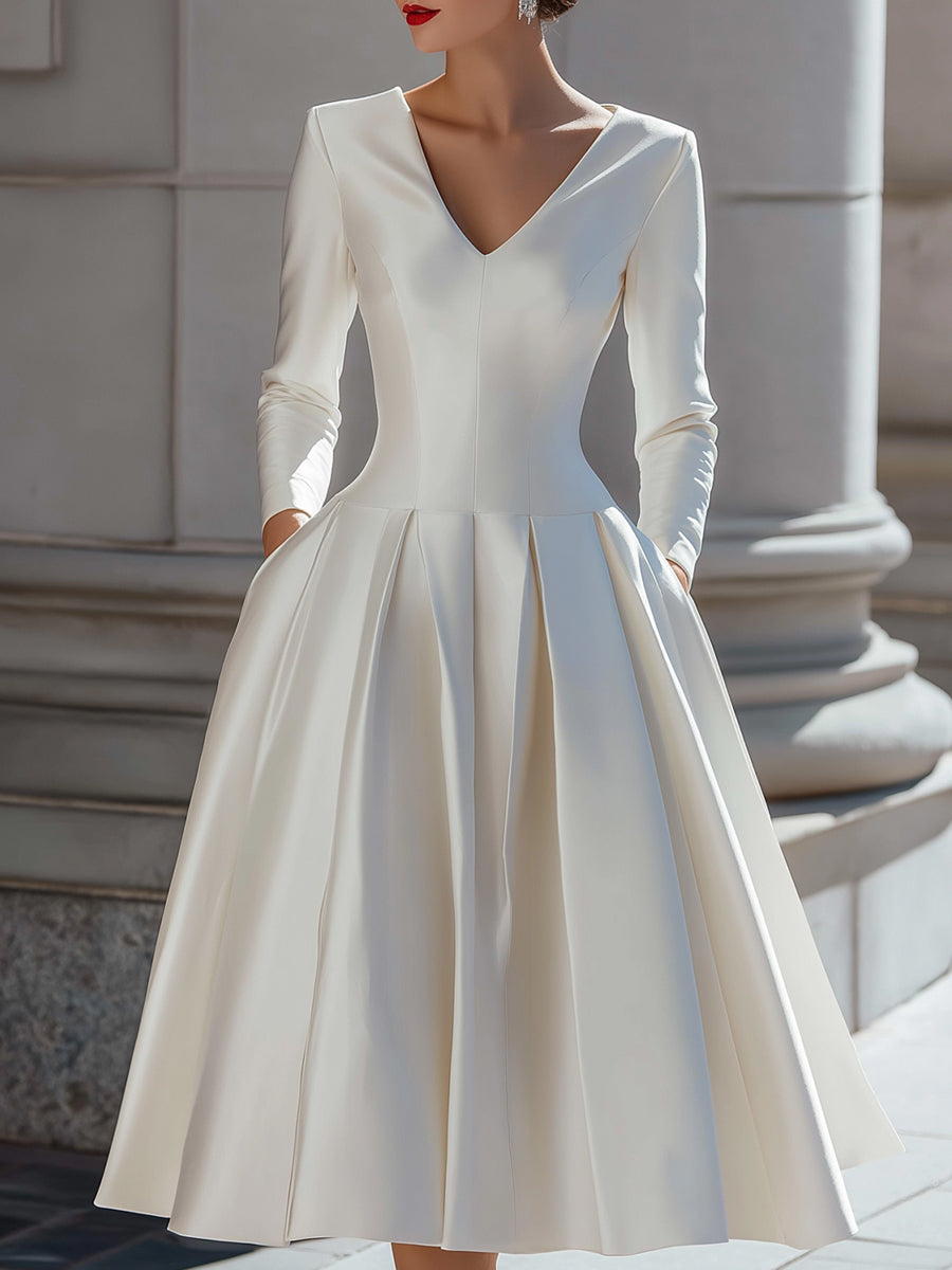 Elegant Satin V-Neck Pleated A-Line Midi Dress MLZ