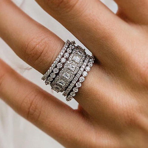5PCS Cushion Cut Wedding Band Set in Sterling Silver Shineofdiamond