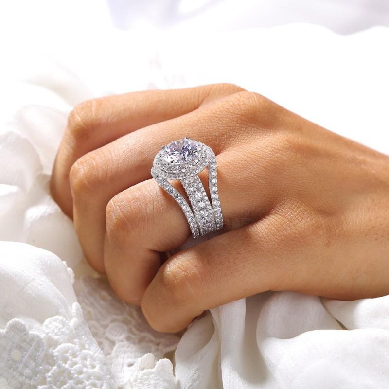 Round Cut  Halo Engagement Ring in Sterling Silver with Guard Enhancer shineofdiamond