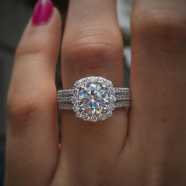 3.25ct Round Cut Sterling Silver Halo Triple Band Engagement Ring Shineofidamond