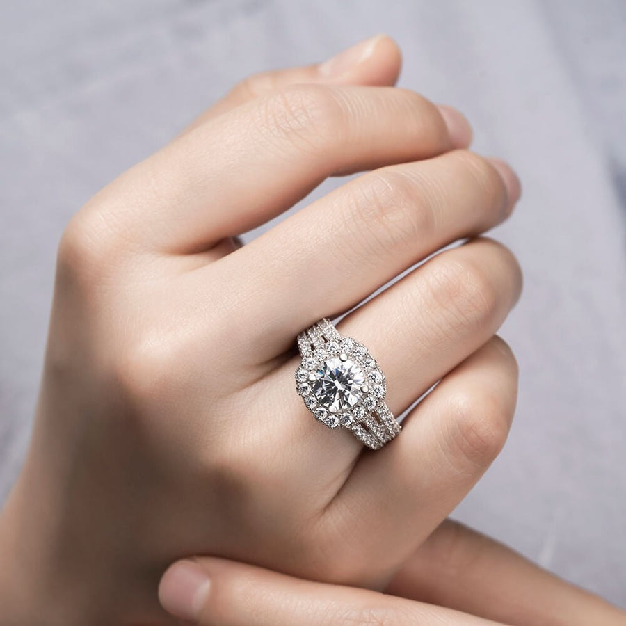 3.25ct Round Cut Sterling Silver Halo Triple Band Engagement Ring Shineofidamond