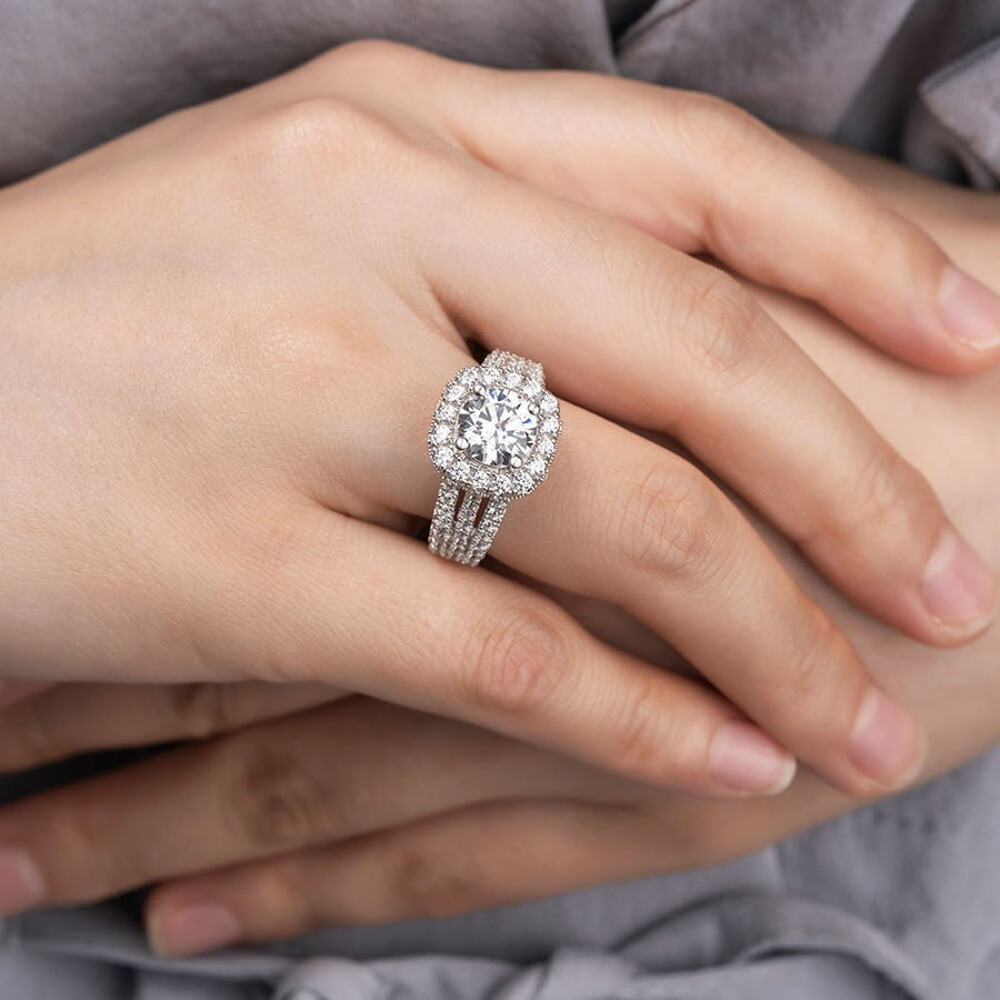 3.25ct Round Cut Sterling Silver Halo Triple Band Engagement Ring Shineofidamond