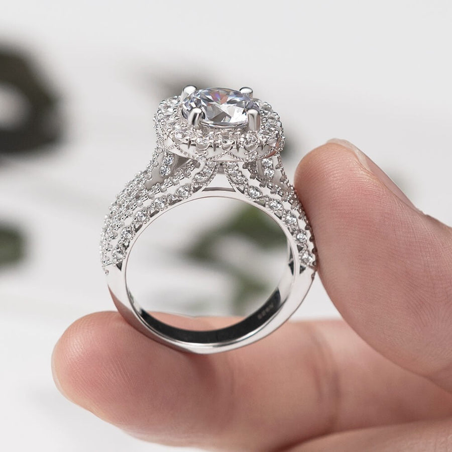 3.25ct Round Cut Sterling Silver Halo Triple Band Engagement Ring Shineofidamond