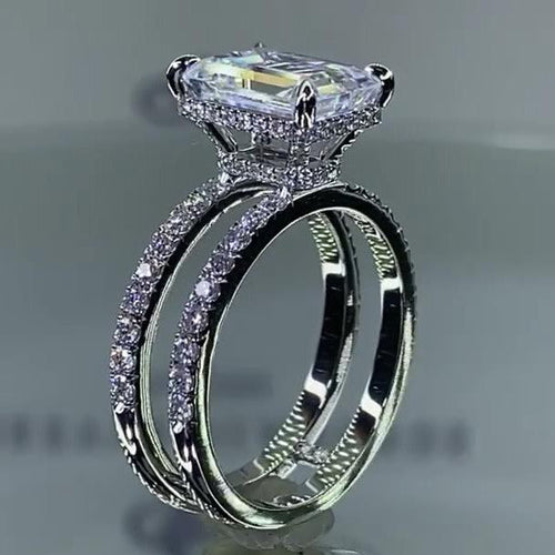 7.4CT Emerald Cut Engagement Ring In Sterling Silver Shineofdiamond