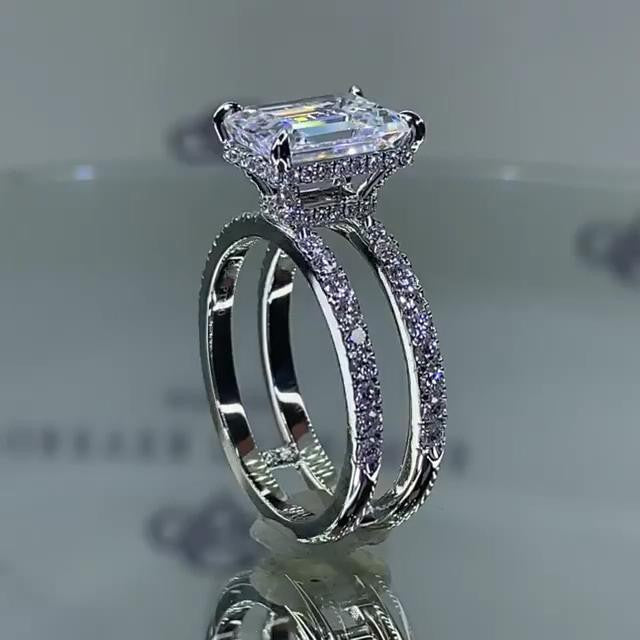 7.4CT Emerald Cut Engagement Ring In Sterling Silver Shineofdiamond