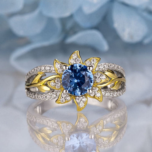 Sunflower Design Round Cut Aquamarine Sterling Silver Engagement Ring Shineofidamond