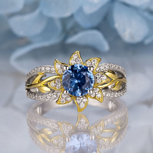 Sunflower Design Round Cut Aquamarine Sterling Silver Engagement Ring Shineofidamond