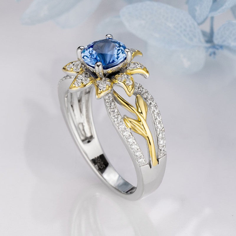 Sunflower Design Round Cut Aquamarine Sterling Silver Engagement Ring Shineofidamond