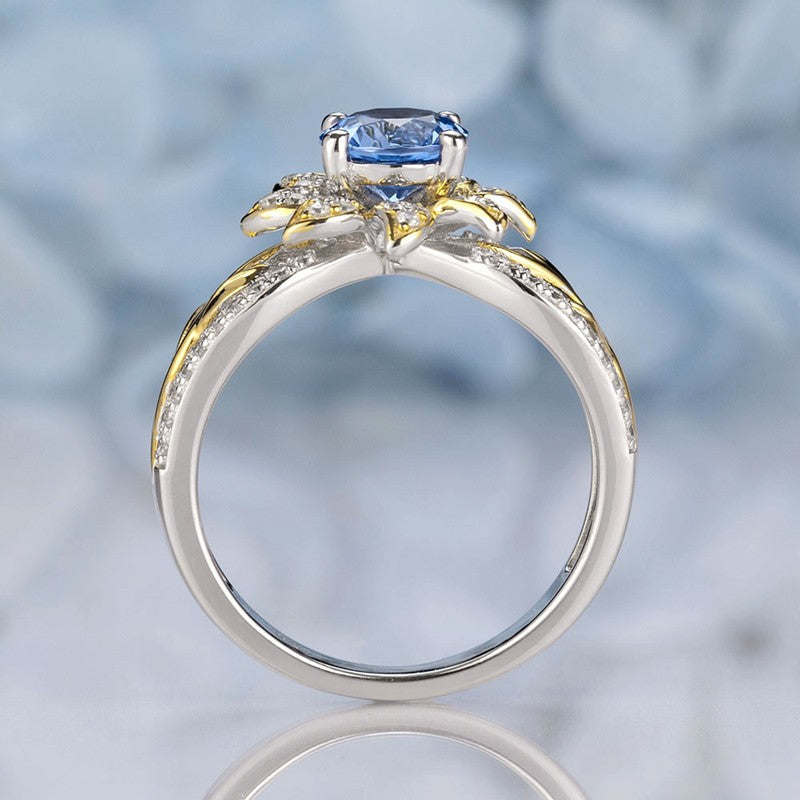 Sunflower Design Round Cut Aquamarine Sterling Silver Engagement Ring Shineofidamond