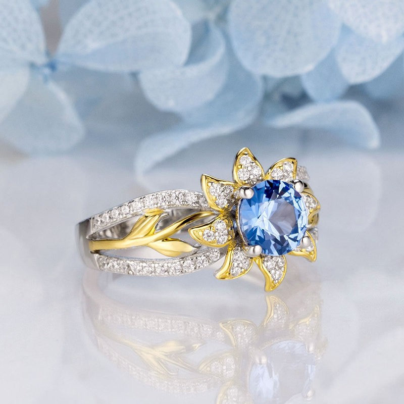 Sunflower Design Round Cut Aquamarine Sterling Silver Engagement Ring Shineofidamond