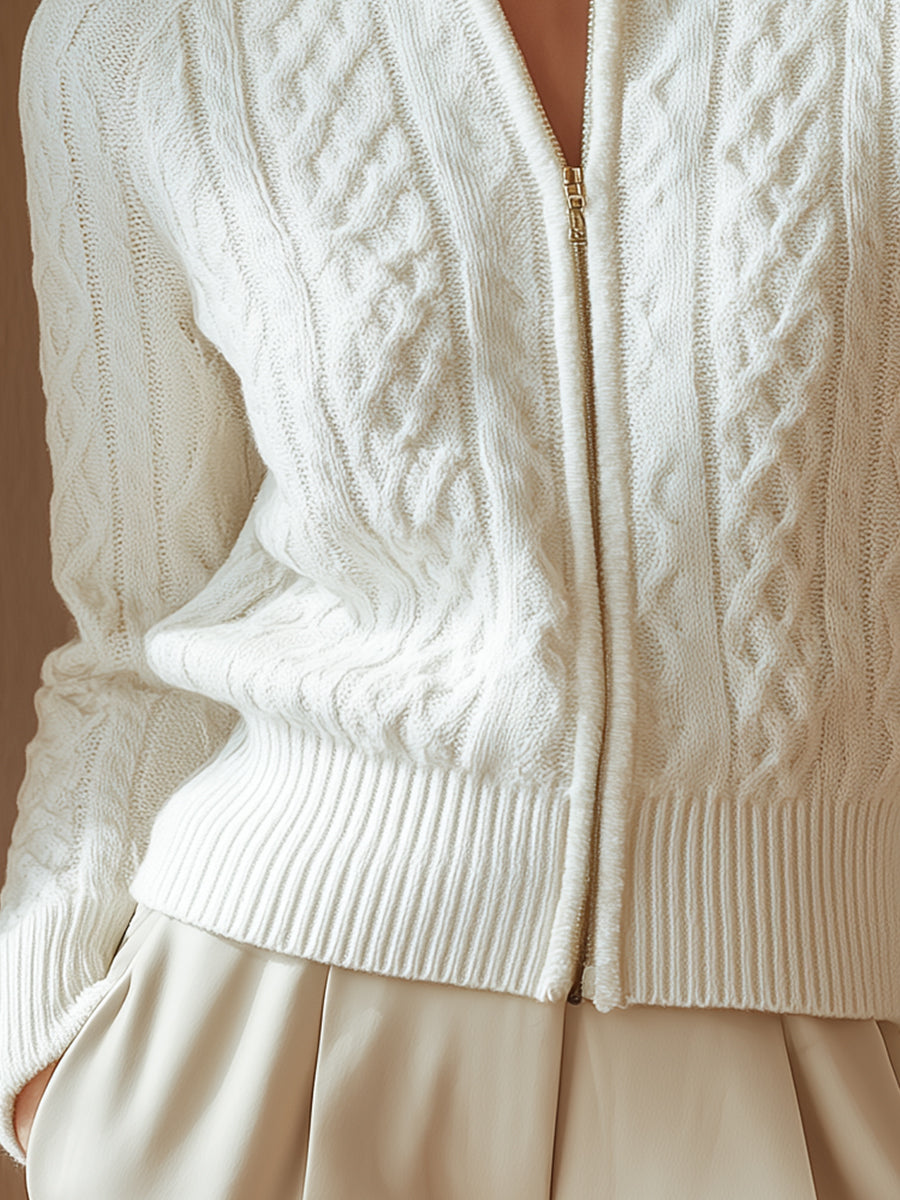 White Cable-Knit Zip Cardigan ZJ