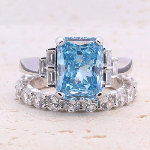 4.0CT. Radiant Cut Blue Gemstone Engagement Ring Set shine of diamond
