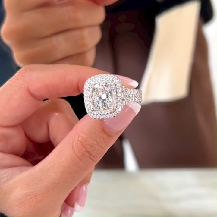 Stunning Double Halo Three Shank Cushion Cut Sterling Silver Engagement Ring hot