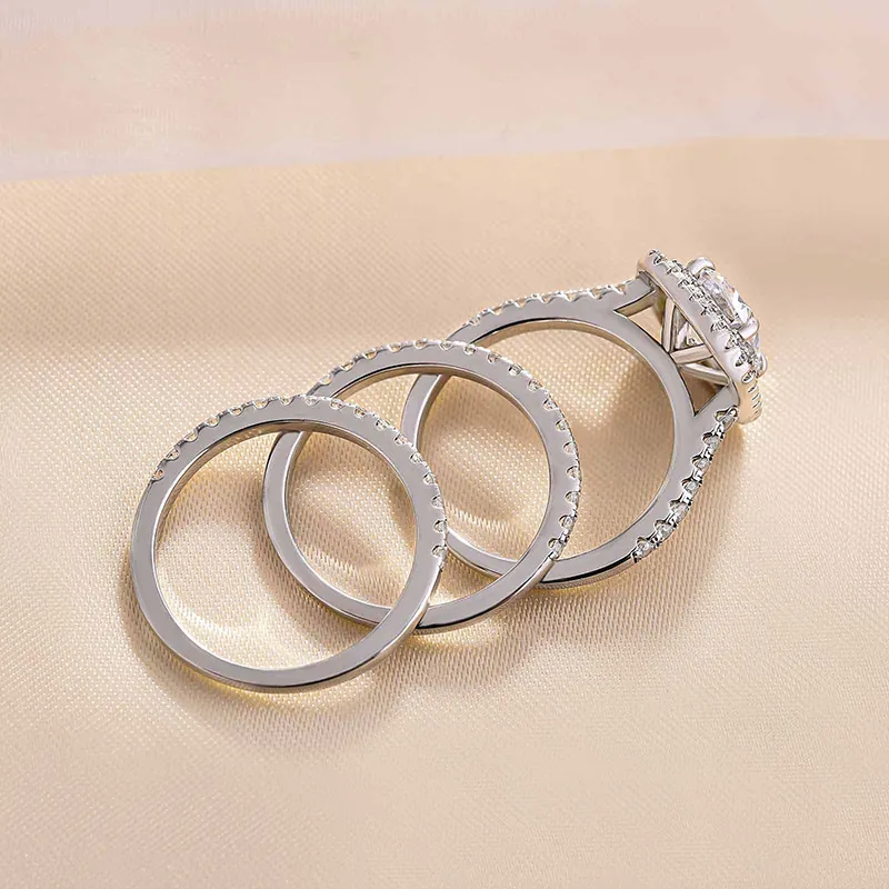 3-Piece Halo Cushion Cut Sterling Silver Bridal Set with Half-Eternity Bands Shineofdiamond