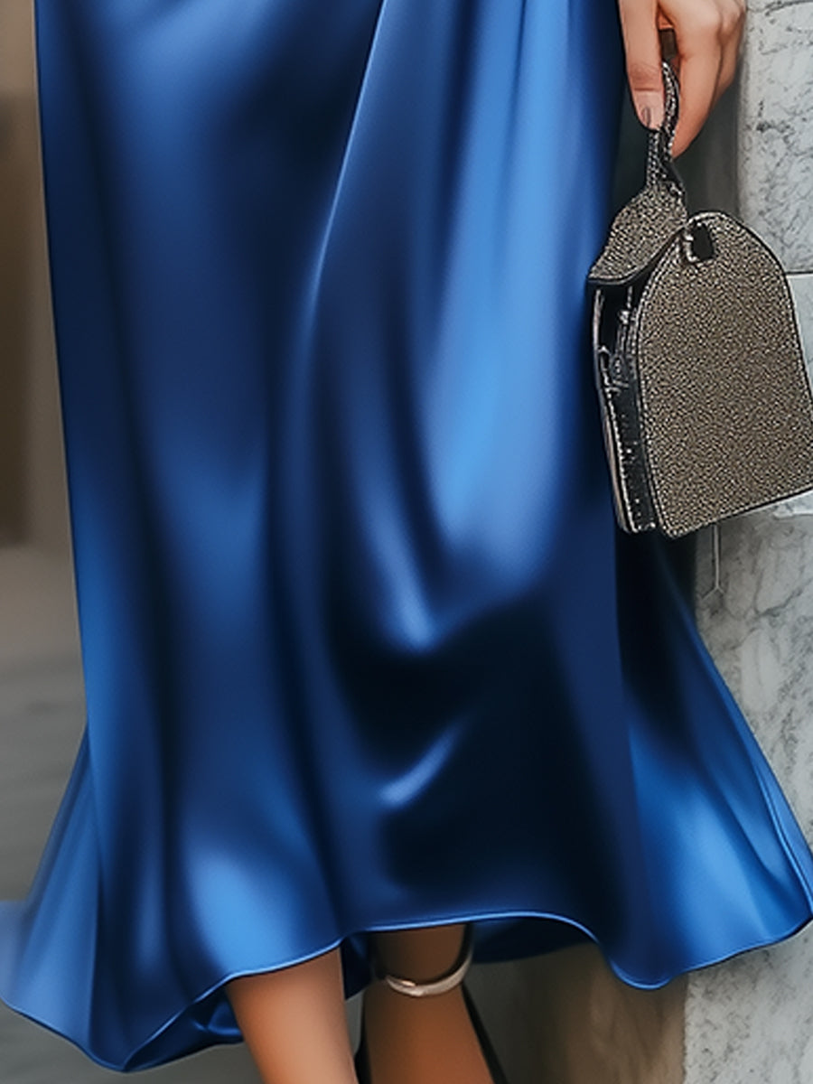 Elegant Sapphire Lace-up Satin Dress HWT