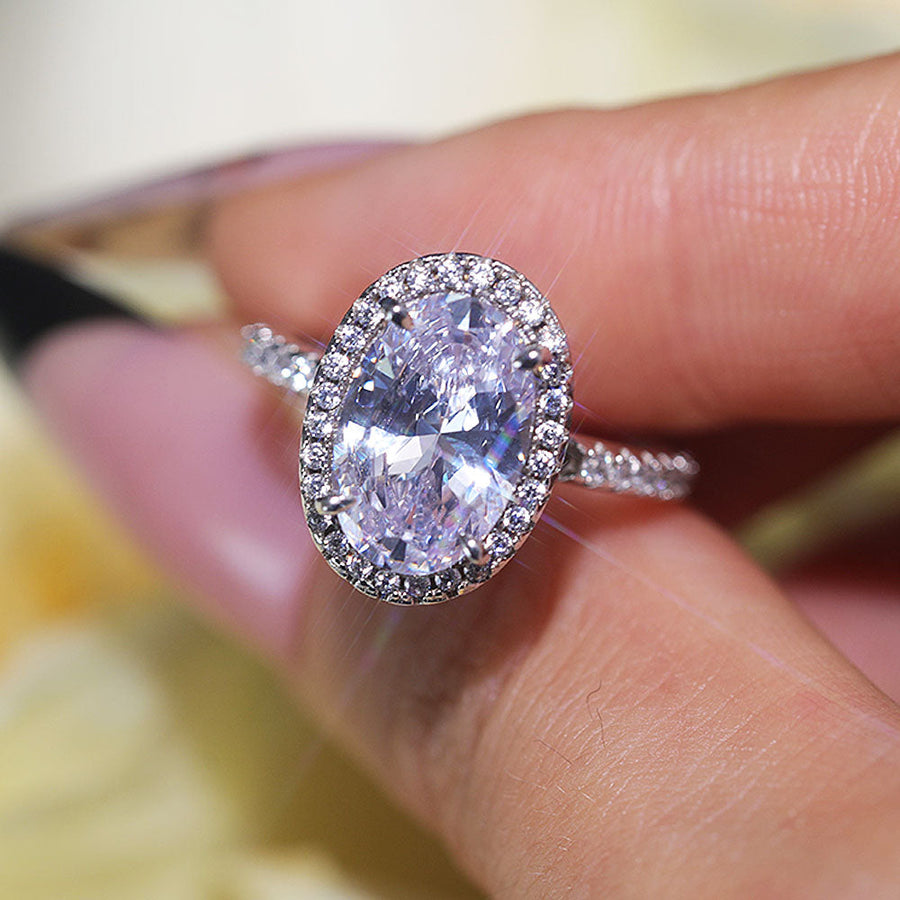 Stunning Oval Cut Halo Design Sterling Silver Engagement Ring Shine of Diamond