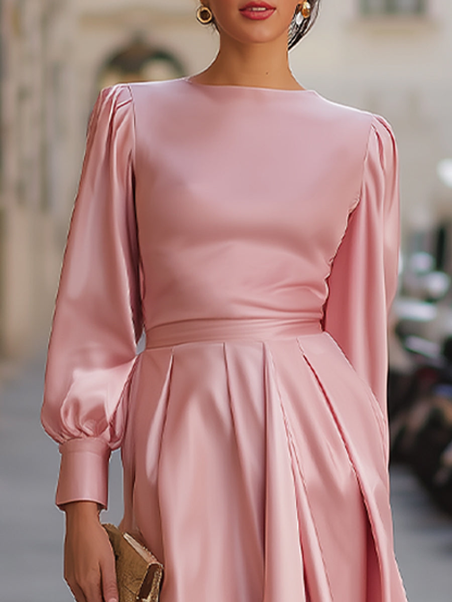 Elegant Satin Long-Sleeve High-Low Evening Dress HWT
