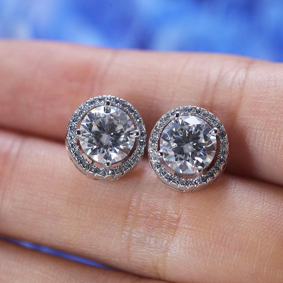 D Color Moissanite Round Cut Halo Design Sterling Silver Stud Earrings Shine of Diamond