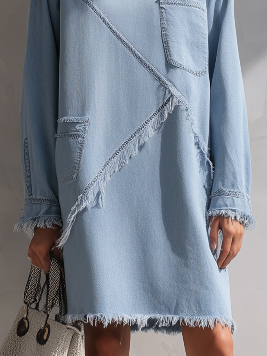 Light Blue Raw-Edge Denim Mini Dress ZJ