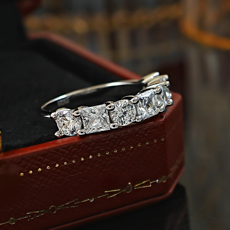 Princess Round Cut Half Eternity Sterling Silver Band Shine of Diamond
