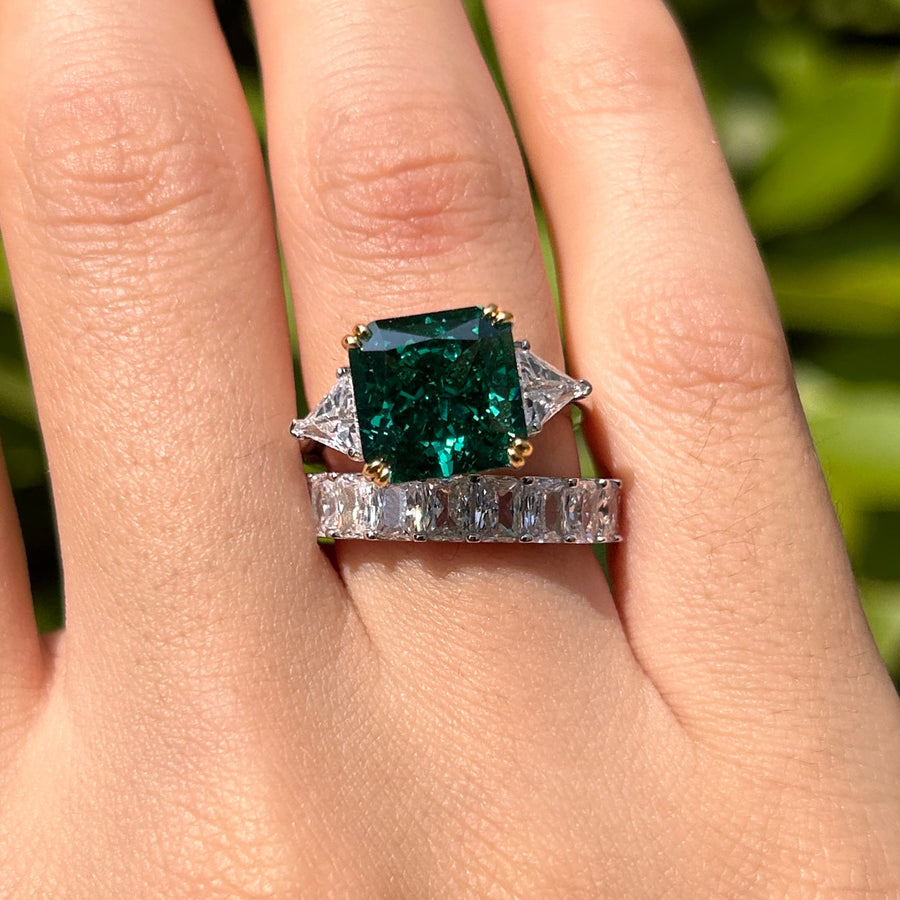 2 Pcs Gorgeous Emerald Green Radiant Cut Sterling Silver Bridal Set For Women Carly Jewelry