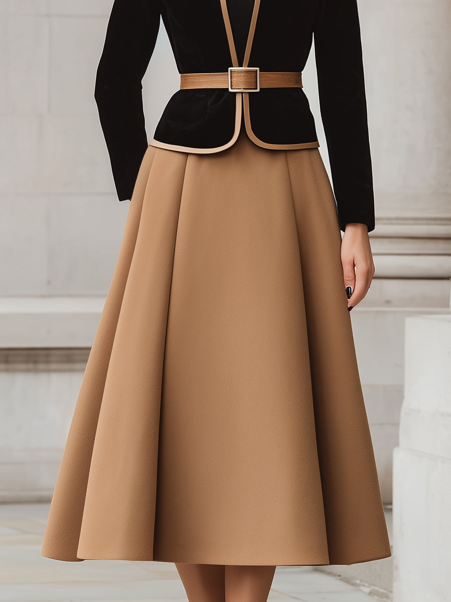Two-Tone Trim Blazer And A-Line Midi Skirt Set MLZ