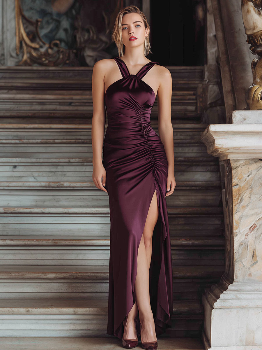 Burgundy Double-Strap Ruched Satin Gown ZJ