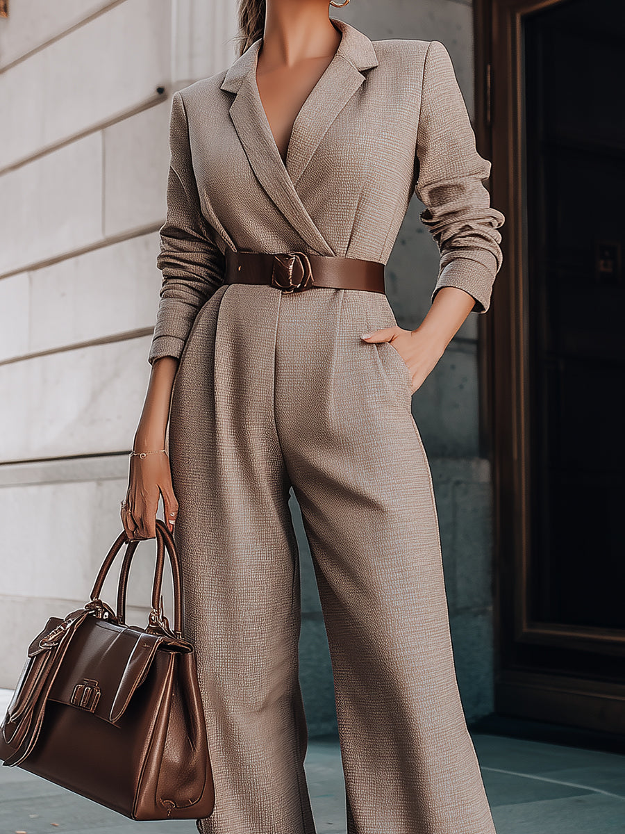 Taupe Belted Blazer Jumpsuit With Wide-Leg Silhouette XYS